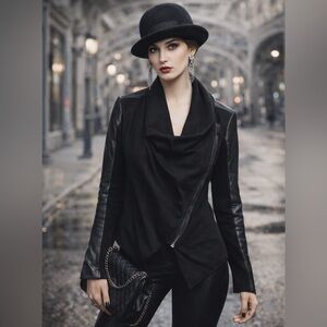 Vintage Joseph Ribkoff Black Faux Leather Sleeve Asymmetrical Moto Jacket